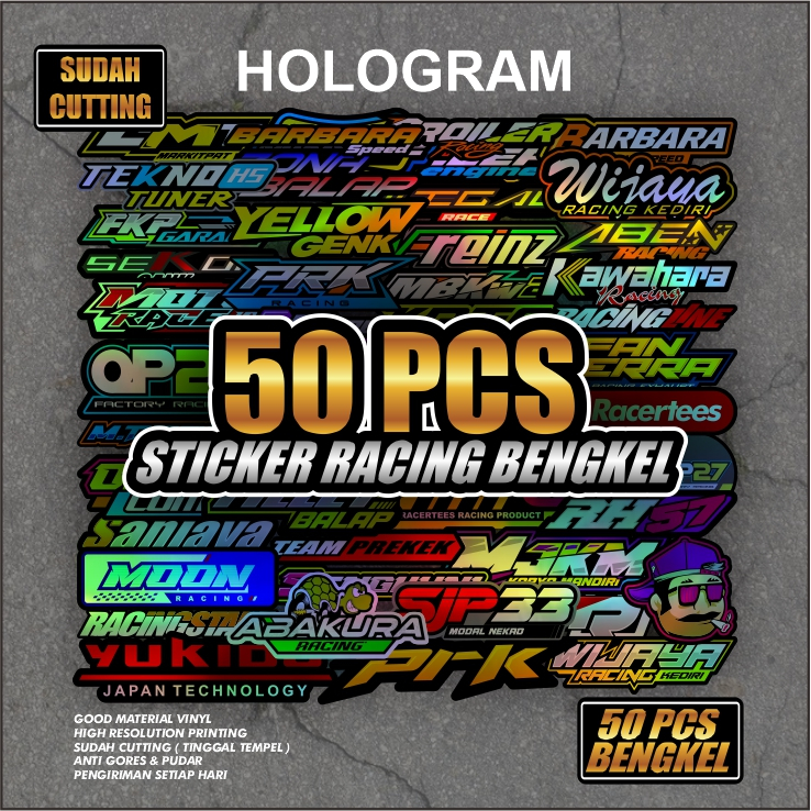 Isi 50 Lembar Sticker Racing Hologram Sticker Pack Sponsor Racing Motor Stiker Kecil2 1Set Cocok Bua