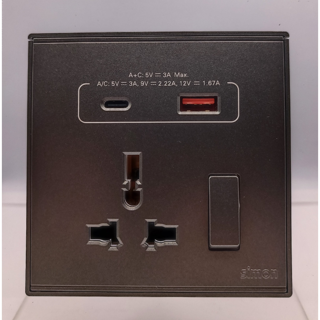 SIMON E6 GREY UNIVERSAL SOCKET / MULTI SOCKET WITH USB A+C CHARGERS
