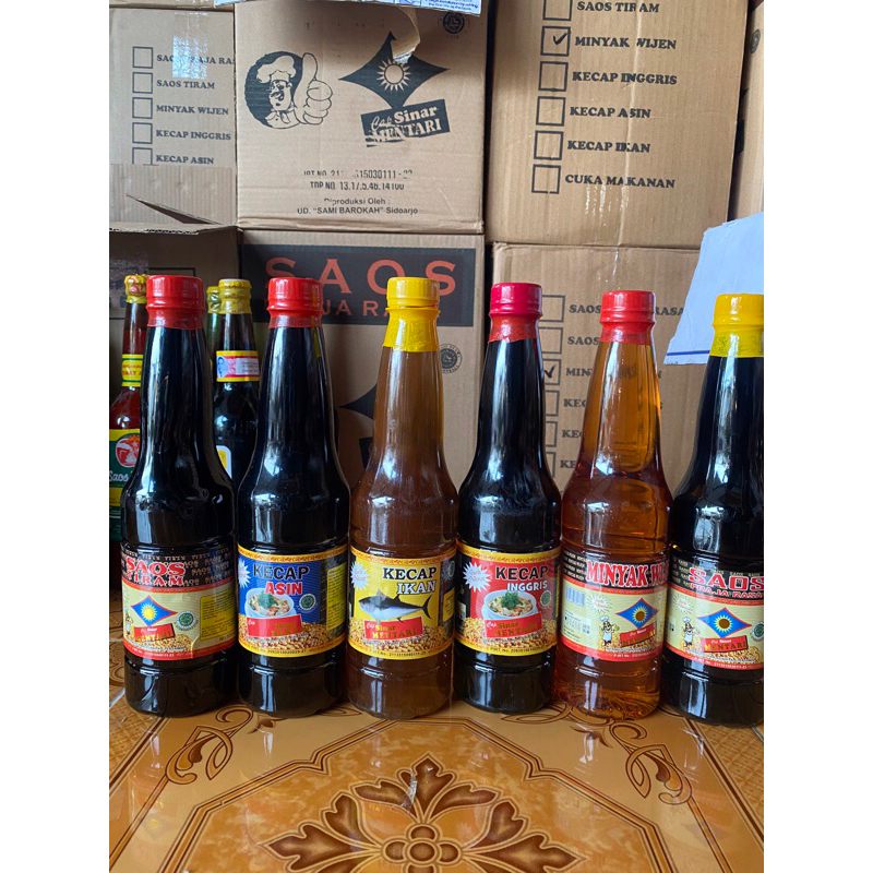 

Paket hemat 6 pcs botol jumbo ( minyak wijen,saus tiram, saus raja rasa, kecap asin, kecap ikan, kecap inggris) cap sinar mentari