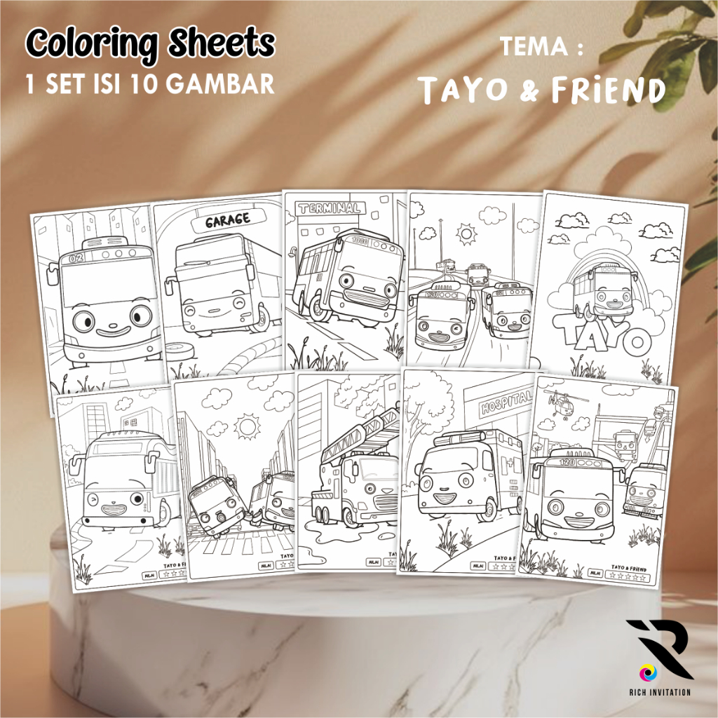 [TEMA TAYO AND FRIEND] KERTAS GAMBAR UNTUK ANAK - LEMBAR MEWARNAI ANAK 1 SET ISI 10 LEMBAR GAMBAR