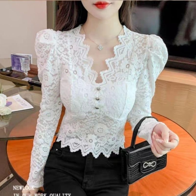 3960 Baju atasan Blouse VIRGIANNE STRETCH LACE BUTTON TOP lengan panjang vneck brokat Korean look wa
