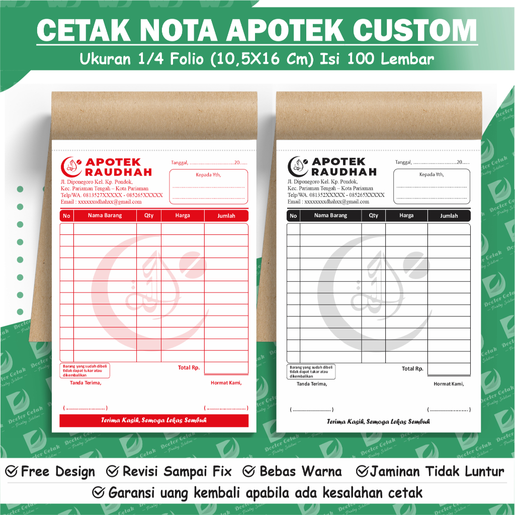 

cetak nota apotek custom 2 ply 1/4 folio