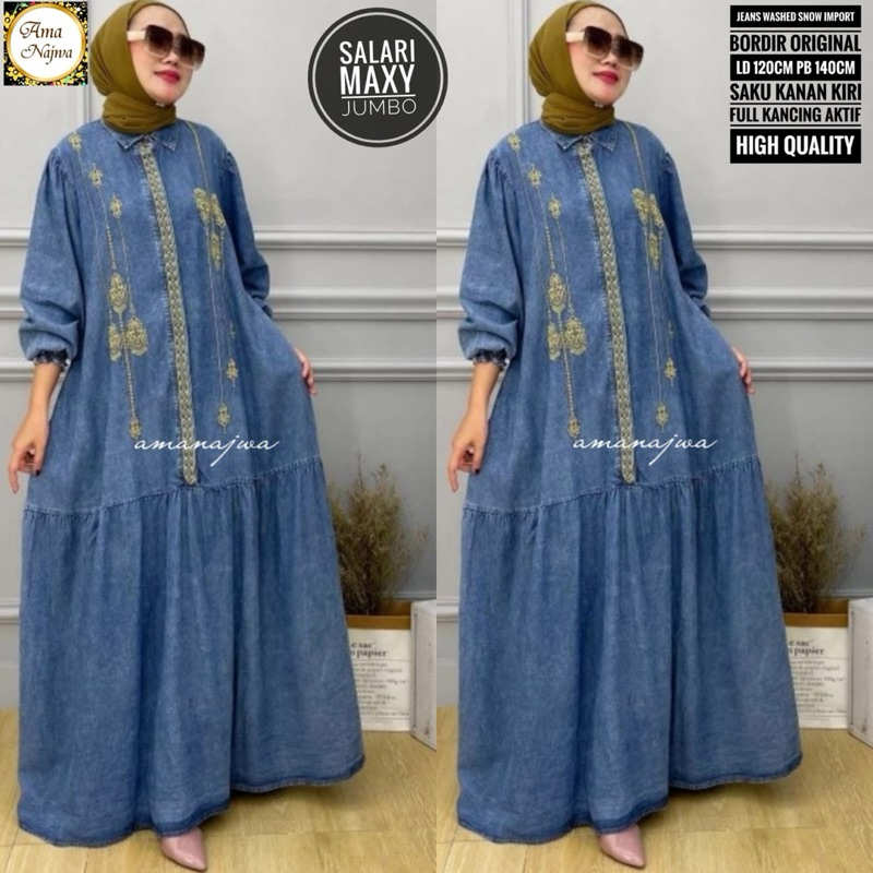 Salari Maxy Jumbo / Gamis Bordir Jeans Wash Jumbo LD 120cm / Gamis Jeans Oversize Dress Jeans Wash