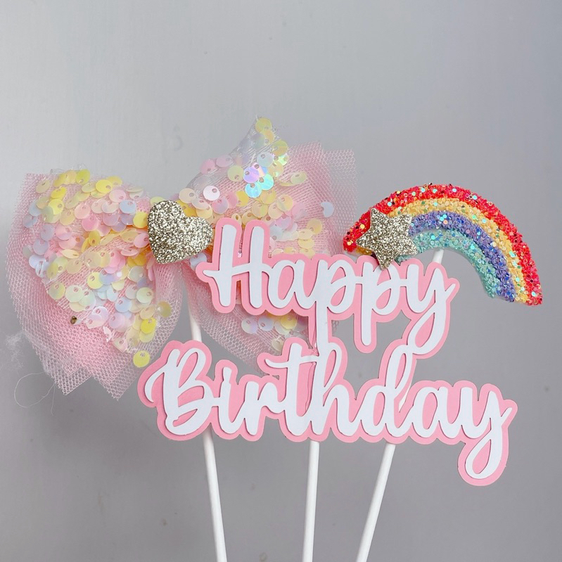 

Cake Topper Happy birthday anak set tusukan kue pelangi rainbow glitter pita