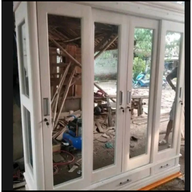 lemari pakaian pintu 4 gamis laci bawah full kayu jati elegan