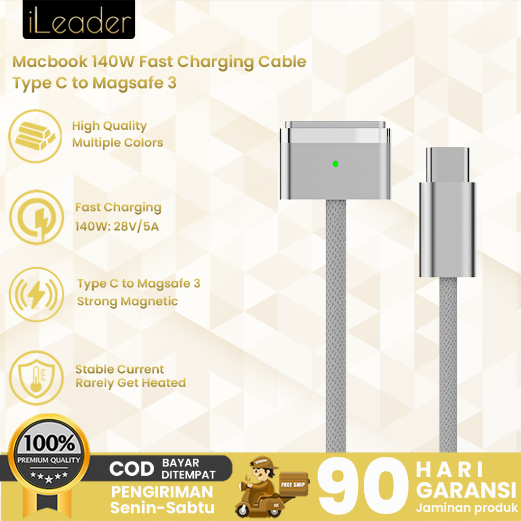 iLeader Kabel Charger Magsafe 3 untuk Macbook Air Pro M1 M2 M3 M Series Magnetic Cable 140W Fast Cha