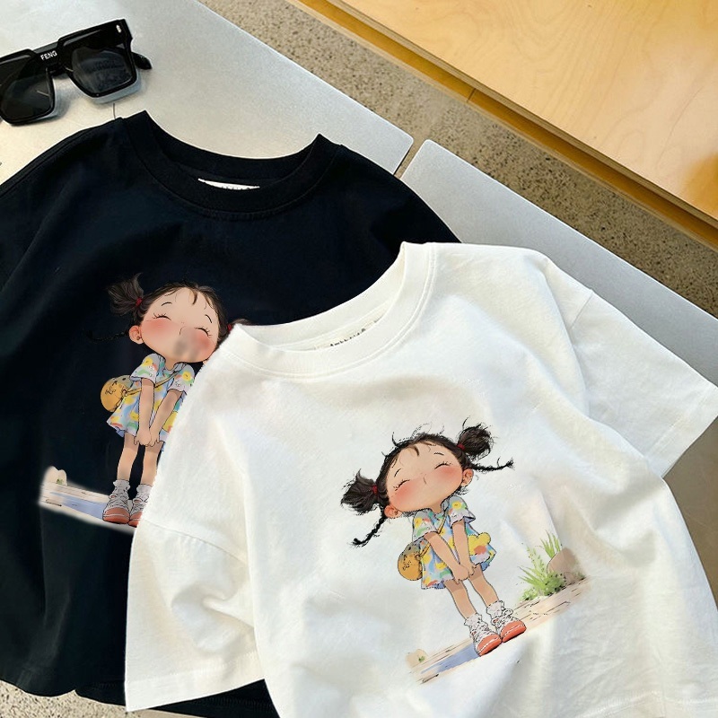 korean style kaos atasan putih anak perempuan viral/baju Cartoon Girl Pattern anak perempuan/baju an