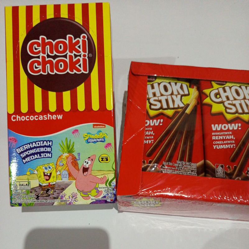 

choki choki coklat pasta dengan kacang mede kemasan 1 box (180&288g) isi 20 & 12 bungkus (@9&24g) ecer 1000 & 2000