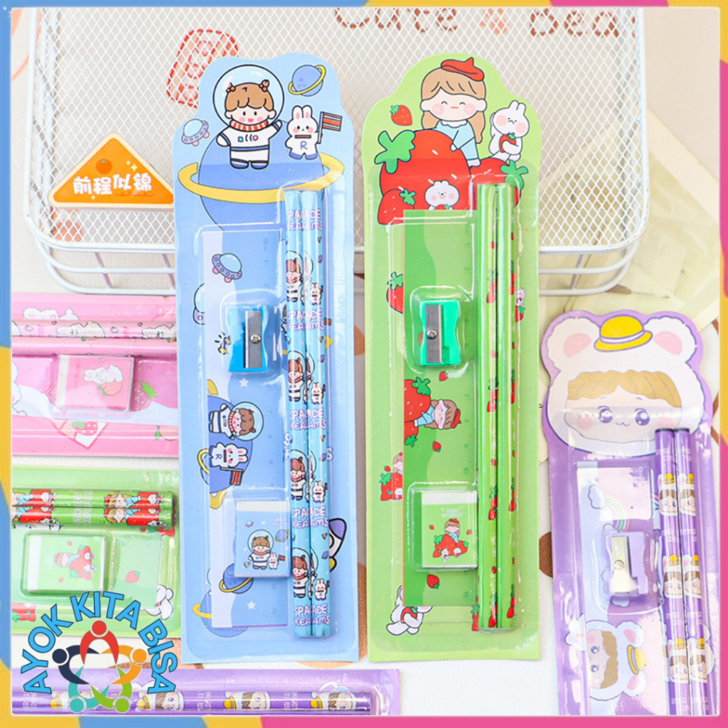 

AKB Stationery Set 5 in 1 Alat Tulis Anak Sekolah Penghapus penggaris Pensil Serutan Karakter Lucu t