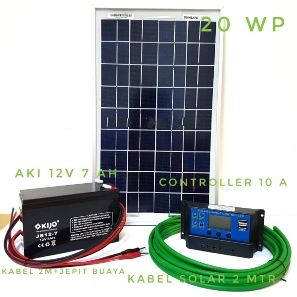 Paket Hemat Solar Panel Surya 20WP, Controller 10 A & Aki 12 V 7 AH tenaga Listrik tenaga surya mata