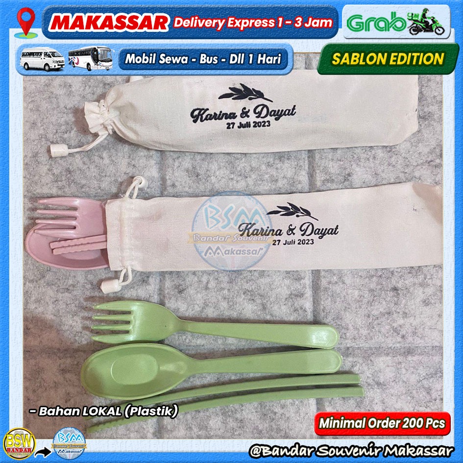 (min.order 200 pcs) SABLON Souvenir Sendok Garpu Sumpit Set LOKAL Kemas POUCH BLACU Makassar Mamuju