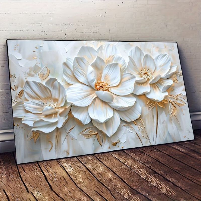 Lukisan Bunga Putih Teksture Modern Dinding Tebal Abstrak Ruangan Kamar Tamu Kantor Hotel Rumah Mewa