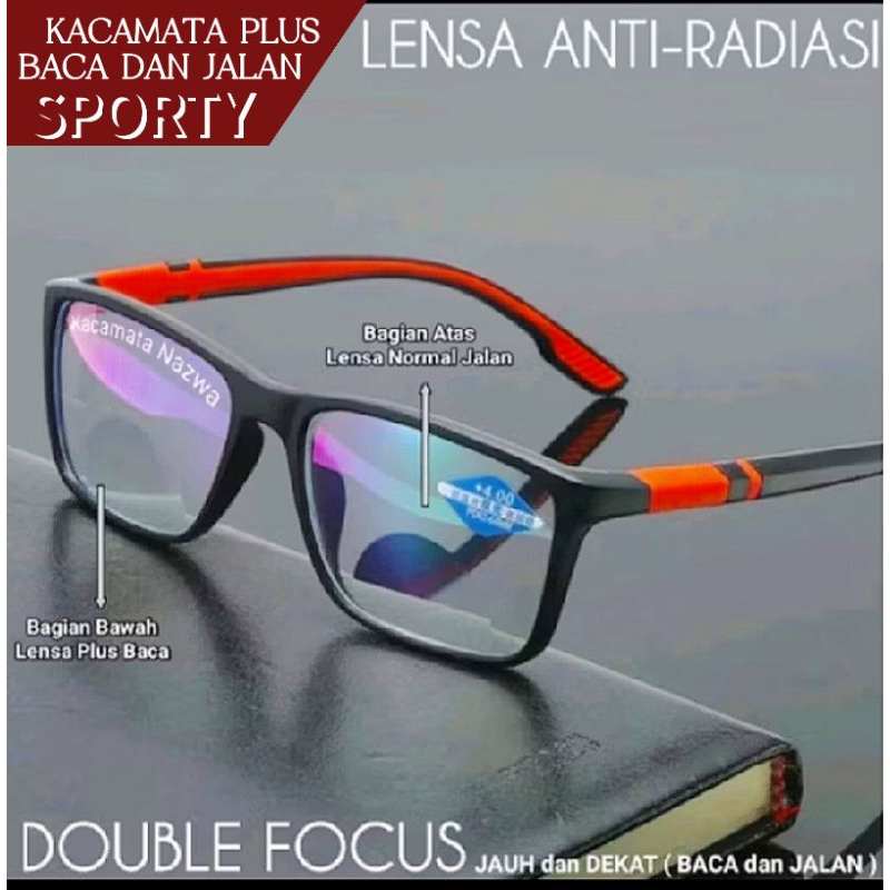 Kacamata Plus Baca dan Jalan Double Fokus Lensa Anti Radiasi Kaca Mata Sporty Frame Lentur Elastis P