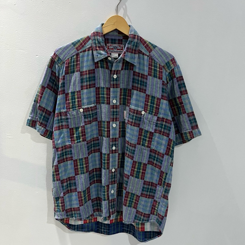 kemeja lengan pendek vintage budweiser patchwork shirt