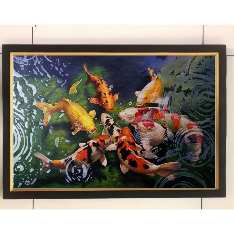 Hiasan dinding lukisan cetak ikan koi plus Bingkai ukuran 65*45