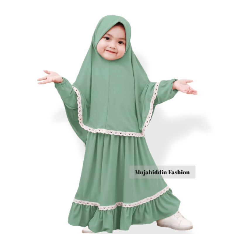 gamis anak set syar'i warna polos kombinasi renda premium