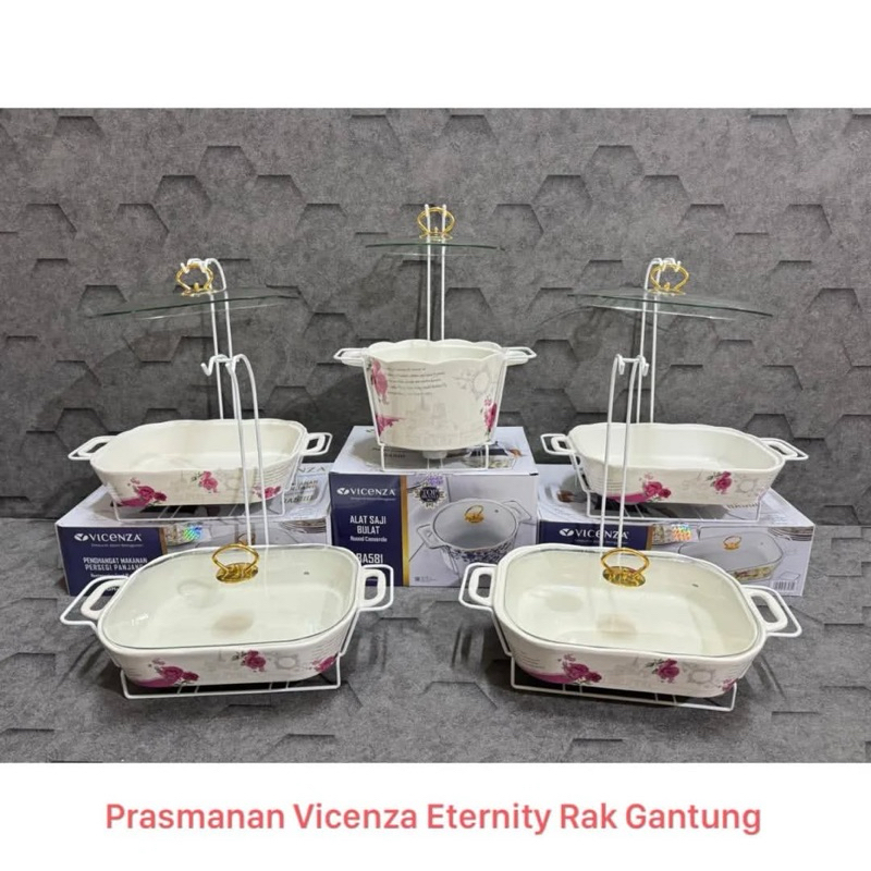 Vicenza Prasmanan Keramik + Tempat Soup Set 5 Rak Gantung Tutup Kaca Motif Eternity