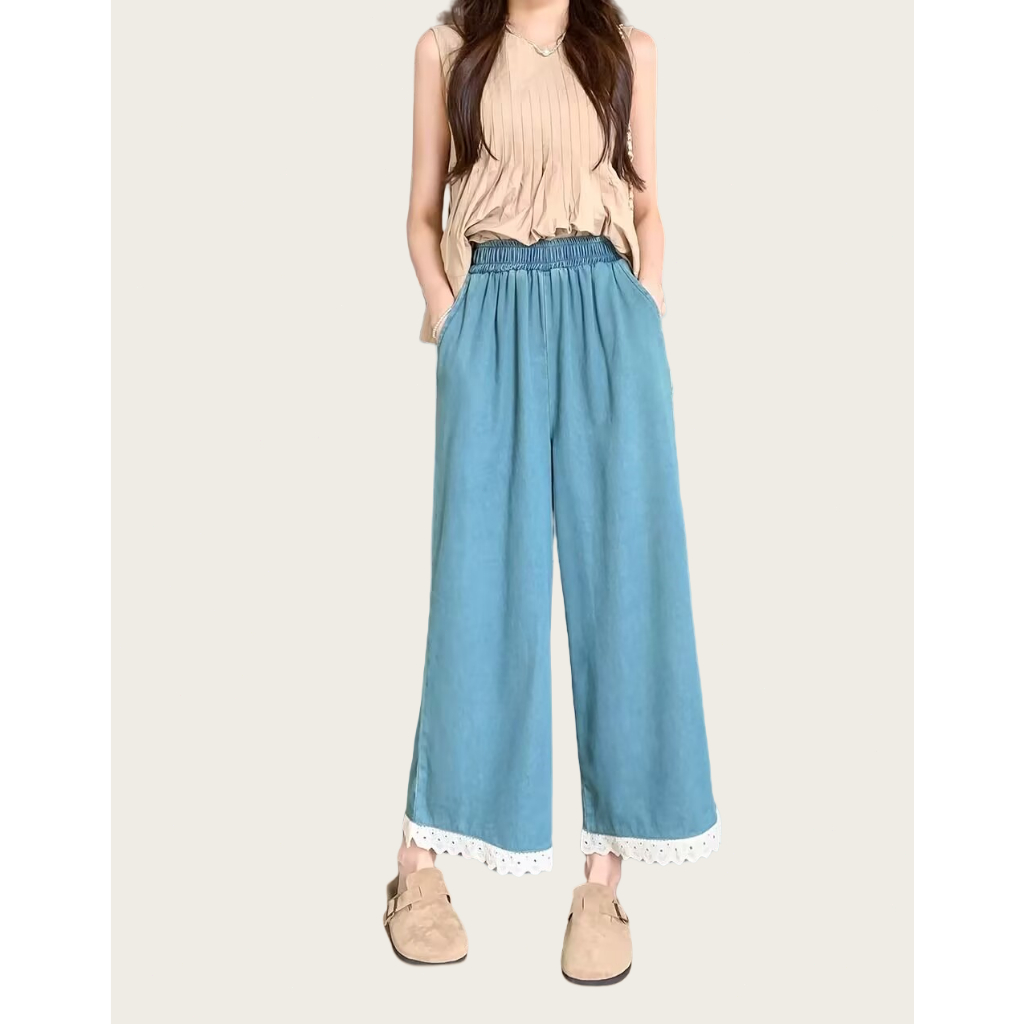 KATERMEN Jeans Wanita - Jeans Pinggang Tinggi - Jeans Pinggang Elastis - Jeans Manset Renda