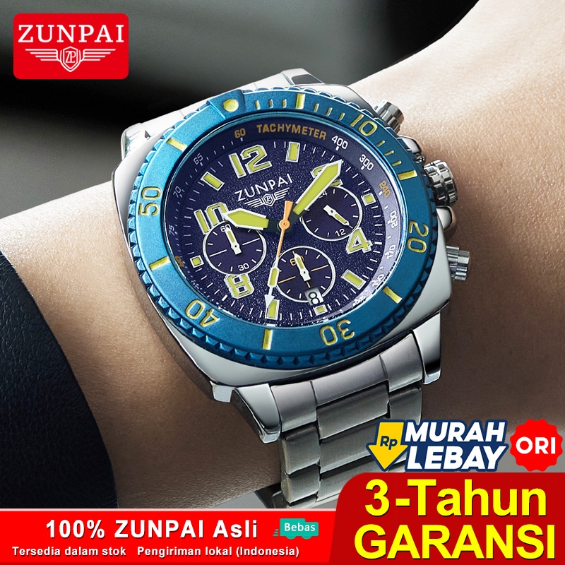 ZUNPAI Jam Tangan Pria Asli Perak/Hitam Anti Air Baja Tahan Karat Perak Fashion Multifungsi Kronogra
