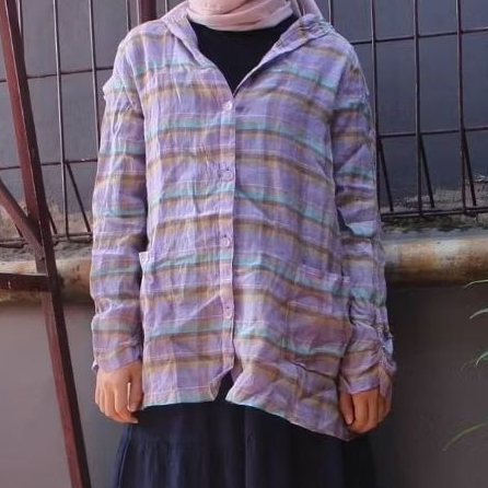 Kemeja transparan kotak kotak kupluk outer korea vintage blouse ungu