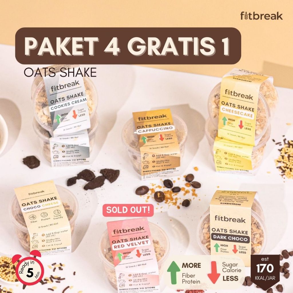 

Paket 4 Gratis 1 Oats Shake Dark Choco, Cookies Cream, Cheesecake, Cappuccino, Choco Cheese Overnight Oats/ Snack Sehat/ Oatmeal/ Rendah gula/ Rendah Kalori/ Tinggi Serat/ Sarapan untuk pemula