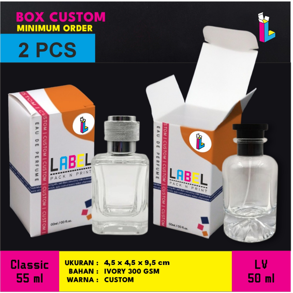 

Box /Dus Parfum Botol Classic 55ml & Botol LV 50ml Custom Desain fullprint