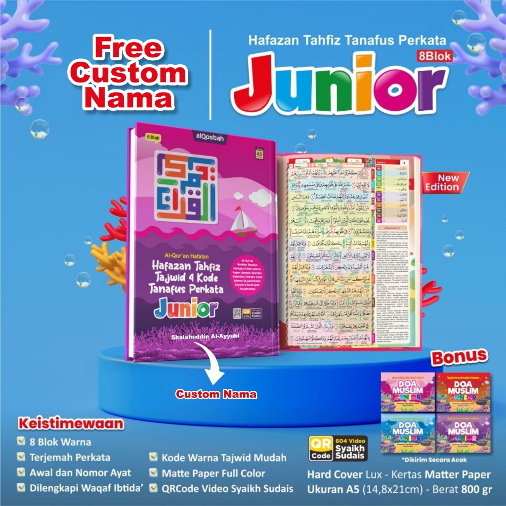 Alquran Junior Hafazan Perkata Junior A5 Terjemah Perkata Tajwid Warna Free Custom Nama & Doa Muslim