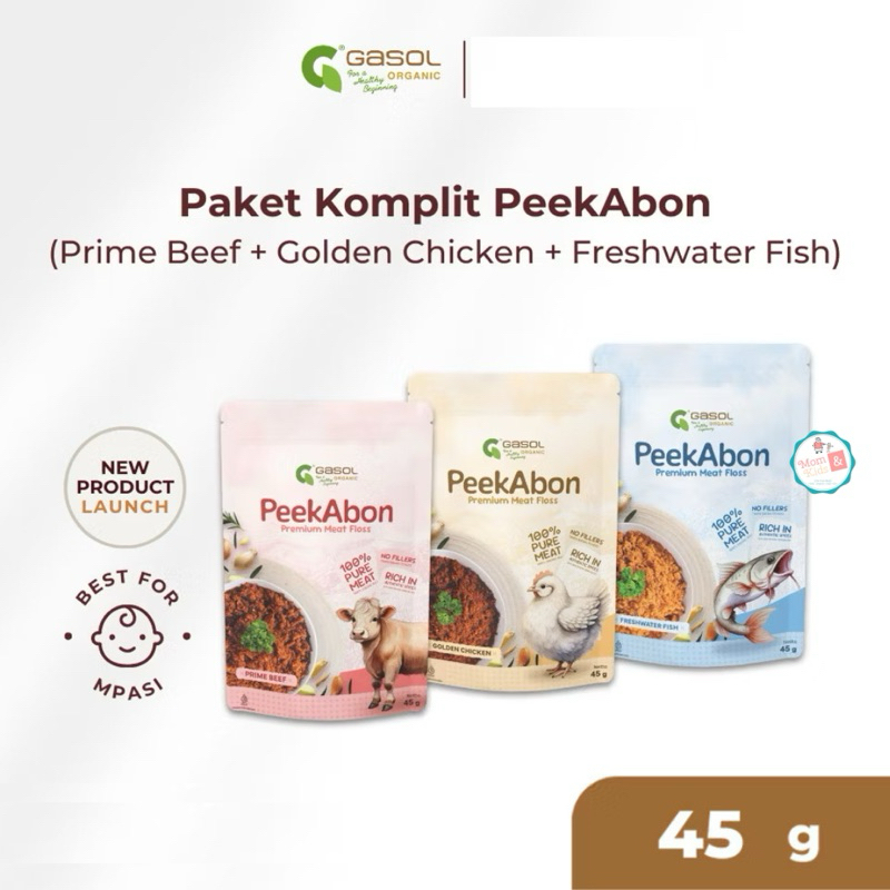 

Gasol PeekAbon 45g | Abon MPASI Ayam Sapi Ikan Premium | Abon MPASI Bayi 9m+