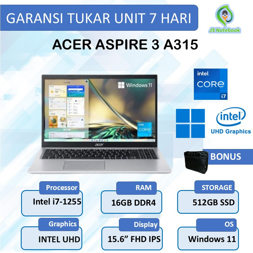 Laptop Acer aspire A315 i7 1255 16gb 512gb windows 11 15.6 fhd ips