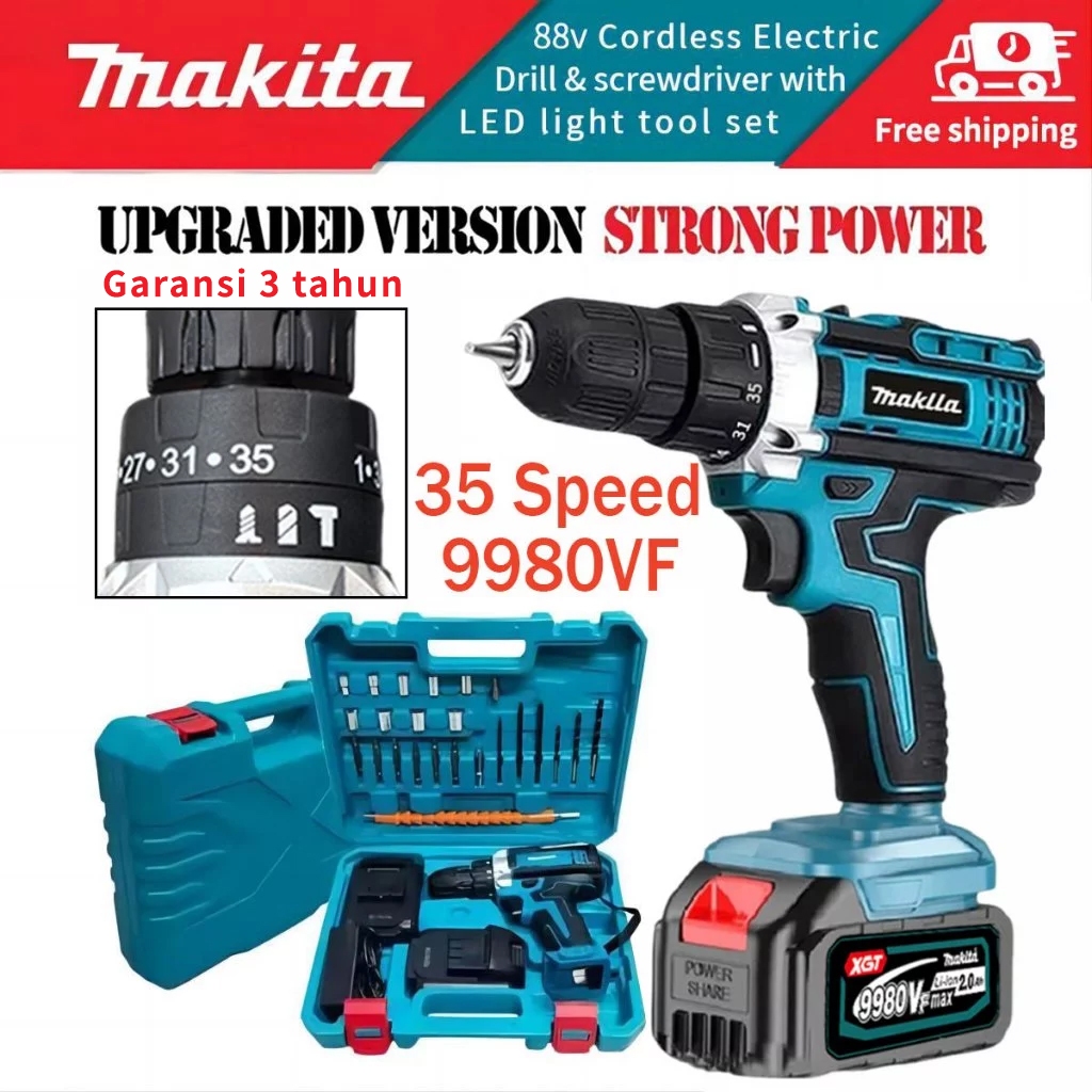 Opinkrandam - Makita 9980VF Mesin Bor Tangan Cordless Drill 2 Baterai Cas 10mm Bor Beton Kayu Besi