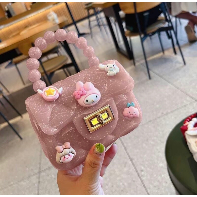 Tas salempang jelly anak karakter / jelly bag mutiara gaya korea / tas jelly glossy mini boneka