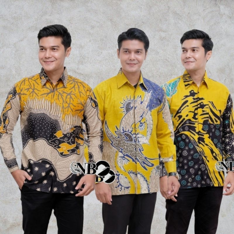 Baju Kemeja Hem Batik Pria Cowok Lengan Panjang Premium Bahan Katun Pria Serian Warna Kuning Lemon L