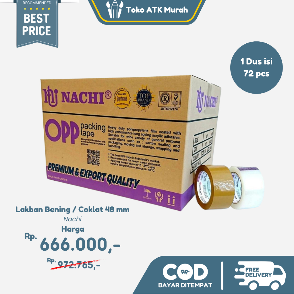 

OPP Lakban Nachi 2" Bening / Coklat – 1 Dus Isi 72 Roll | Lakban Karton Tebal & Kuat ( 48mm )