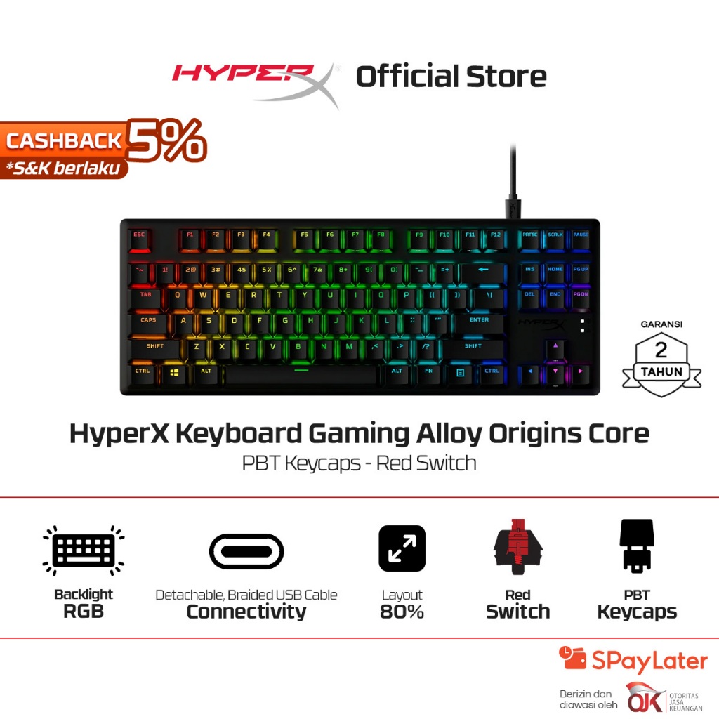 HyperX Keyboard Gaming Alloy Origins Core 80% Tenkeyless Wired Red​ / Aqua / Blue Mechanical Switch 