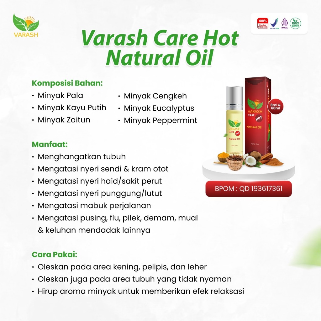 Minyak Varash Care Hot Roll On / Wangi Herbal Asli