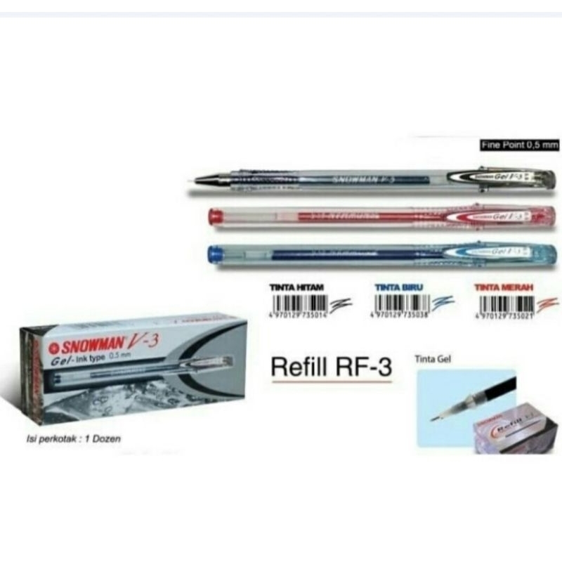 

Snowman Ballpoint V3 Gel-Pen 0.5 mm Biru Hitam Merah - Doz isi 12 Pcs.