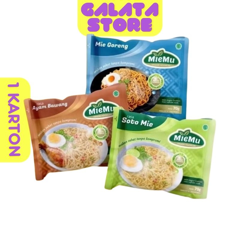 

MieMu Veggie Noodles 1 Karton Isi 40 Pcs VarianMie Goreng, Mie Ayam Bawang, Soto Mie