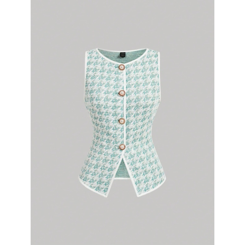 Women Houndstooth Single-Breasted Vintage Knit Vest