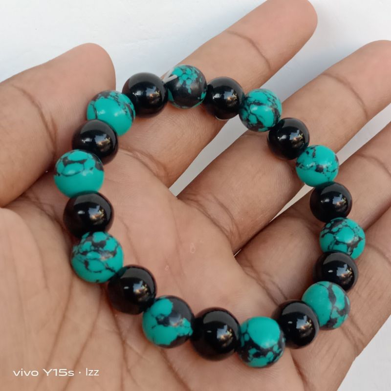 Gelang batu virus/pirus biru kombinasi batu black onix hitam