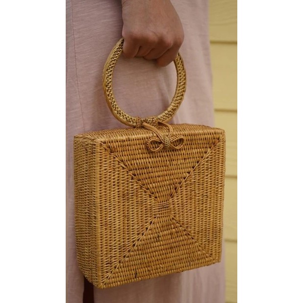 Lenger-lenger tas tangan anyam rotan kotak wanita kado hadiah souvenir pesta harian etnik Straw top 