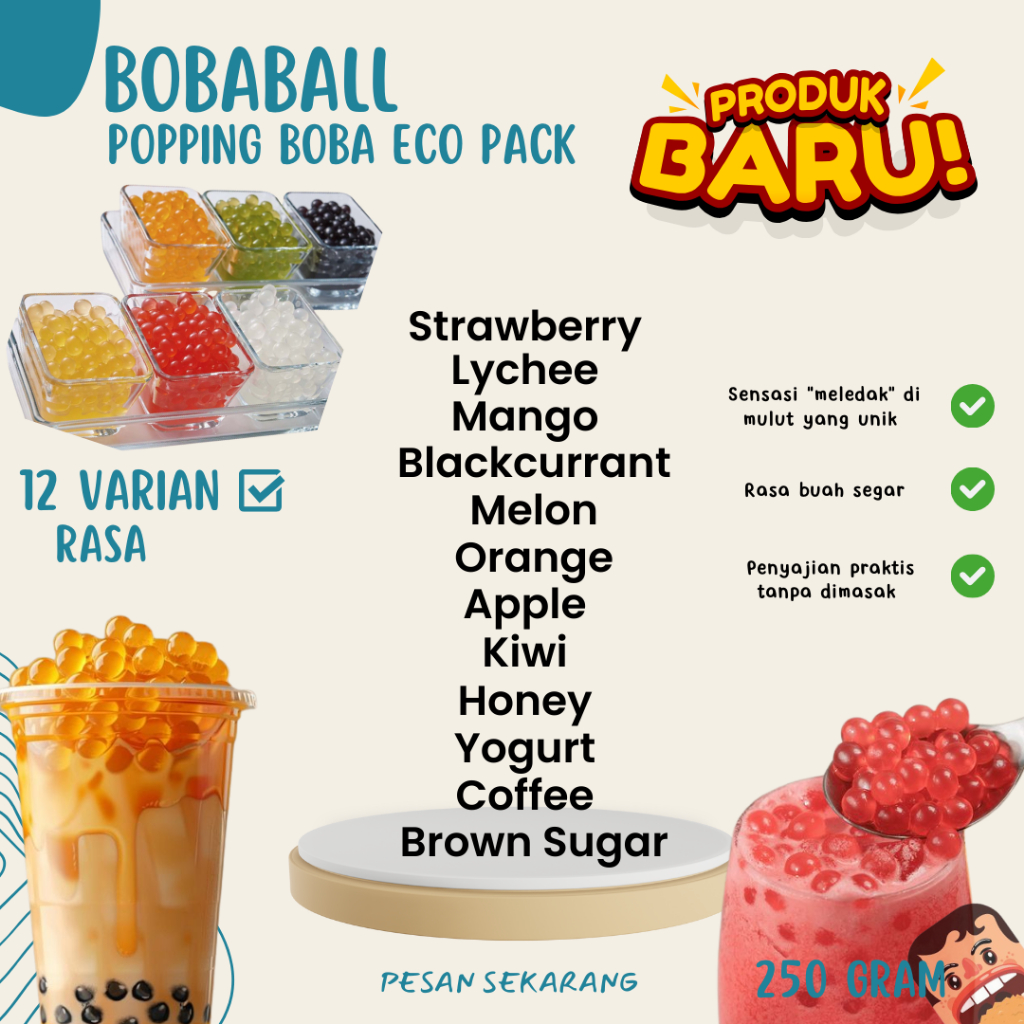 

Bobaball Popping Boba Eco Pack 12 Varian Rasa | Bursting Boba | Boba Meletus Di Mulut Viral 250 Gram