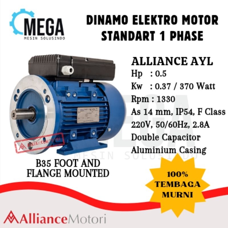 Alliance Dinamo 1 Phase 0.5 HP 0.37 KW 1400Rpm 4 Pole Dual Capacitor 100% FULL TEMBAGA -- Electro Mo