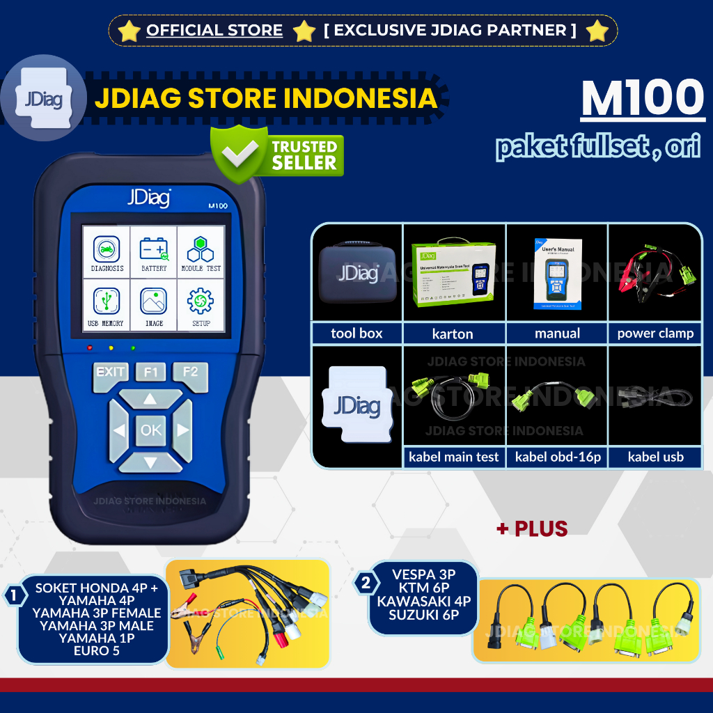 ☑ ORIGINAL GARANSI ☑ JDIAG M100 BIRU SCANNER MOTOR JDIAG M 100 SCAN SEPEDA MOTOR HONDA ECU OBD2