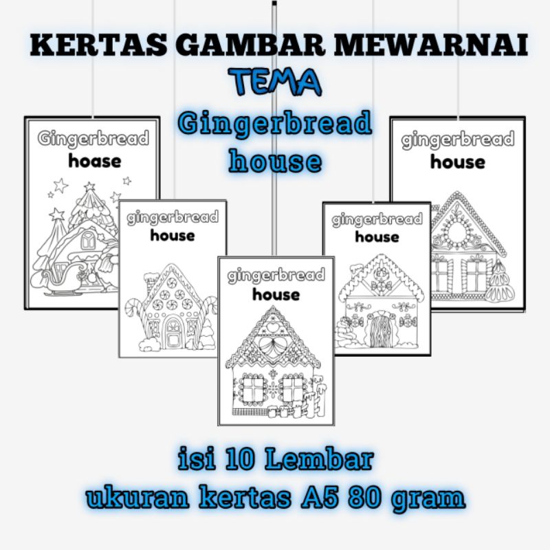 

10 Lembar Gambar Mewarnai Anak Anak Tema Gingerbread house Rumah cocok untuk anak TK / SD