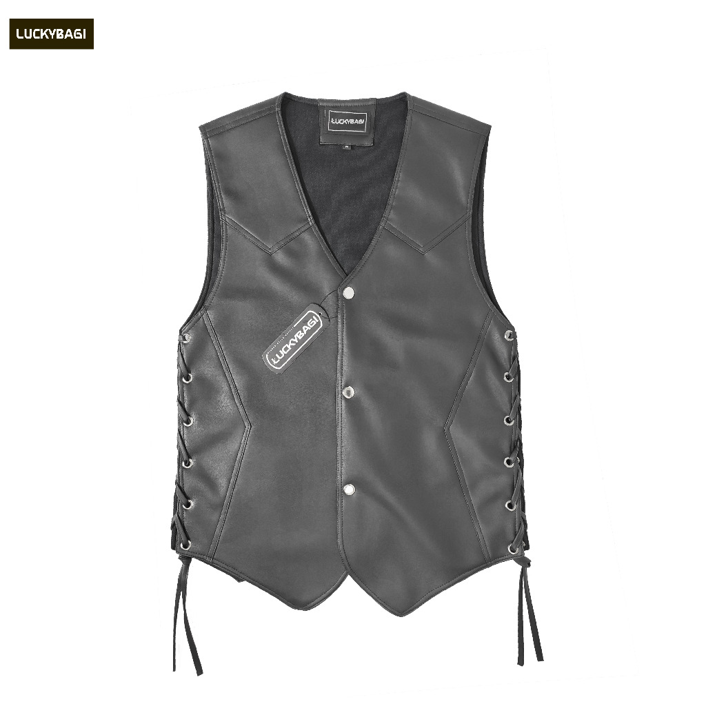 Luckybagi Vest Faux leather Rompi Kulit Pria Vest Koboy Rompi Pria Kancing Rompi Kulit Sintetis Pria
