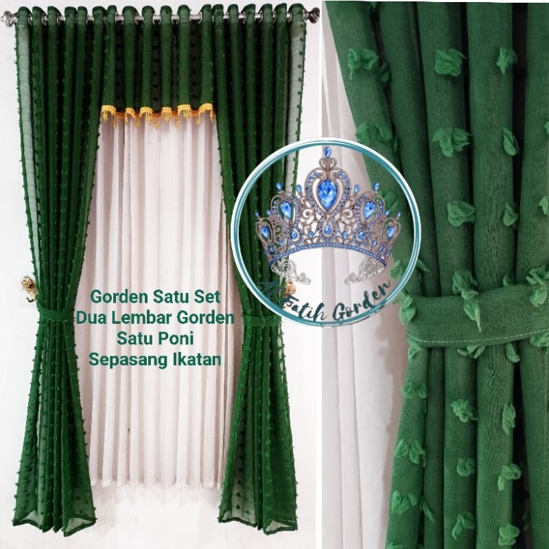 Gorden Satu Set Poni Rumbai Atas Pintu Jendela Ruang Tamu Bahan Ruby Hijau Botol