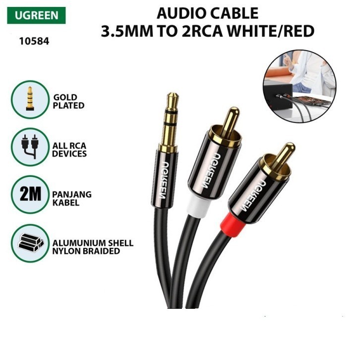 Kabel Audio UGreen Aux 3,5mm Male To 2 RCA Male 2Meter - Black (10584)