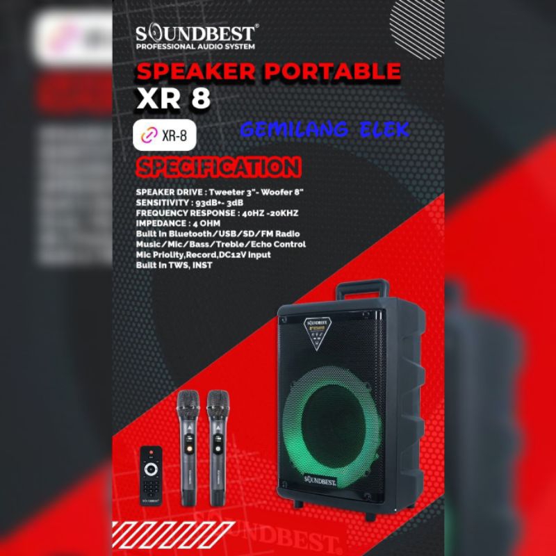 Speaker Portable Wireless SOUNDBEST XR 8 Original 8 inch Bluetooth