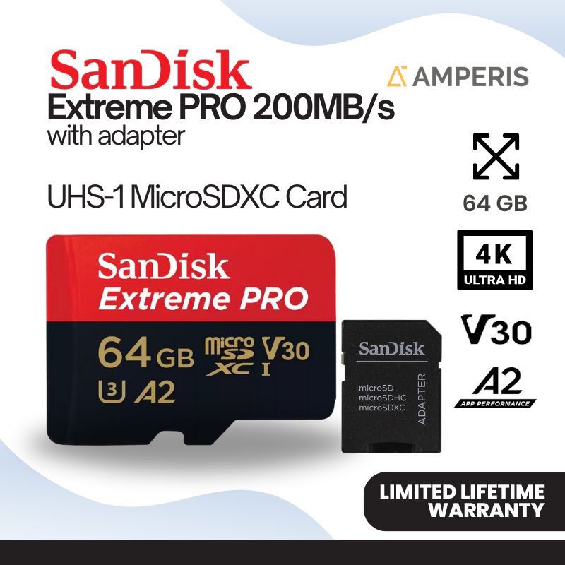 SANDISK Extreme PRO MicroSDXC 64GB 200 MB/s UHS-1 C10 U3 V30 A2 4K for Drone Camera CCTV Smartphone