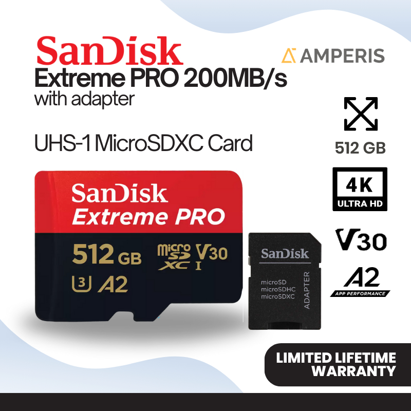 SANDISK Extreme PRO MicroSDXC 512GB 200 MB/s UHS-1 C10 U3 V30 A2 4K for Drone Camera CCTV Smartphone